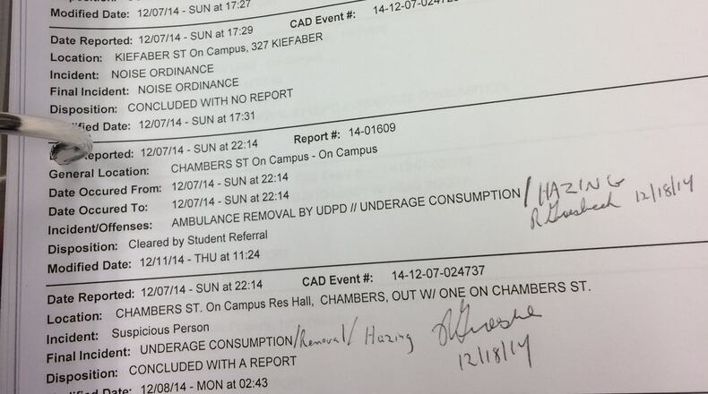 A page from the police records released by the University of Dayton this week. A former UD football player, Max Engelhart, has alleged in a lawsuit against the university that he was forced to drink high-alcoholic drinks at multiple locations as part of a hazing ritual. Englehart, who claims he suffered permanent damage from the abuse, says the university knew about the parties.