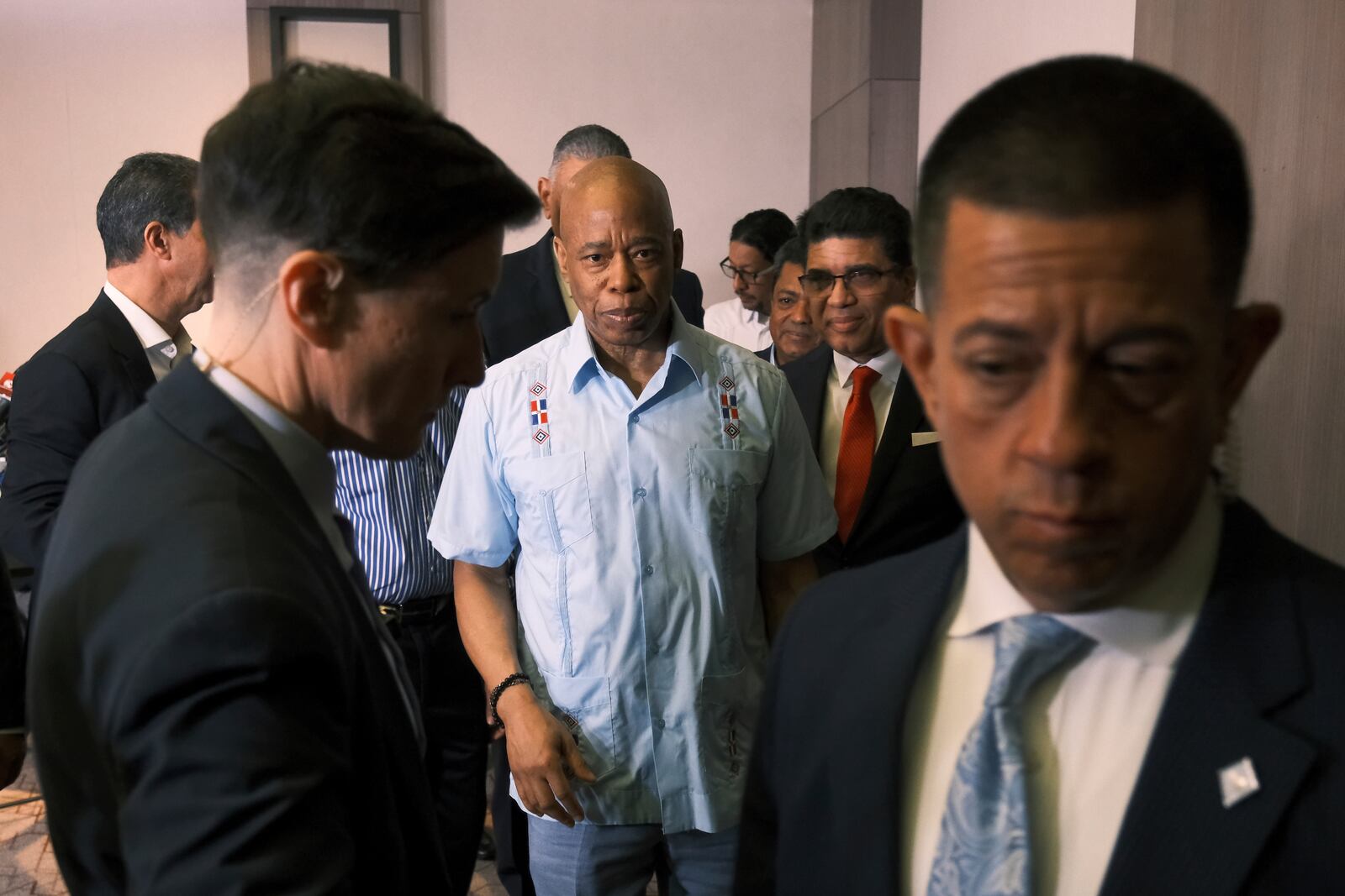 New York Mayor Eric Adams arrives to speak to the press in Santo Domingo, Dominican Republic, where he will meet with Dominican authorities and to pay his respects to those who died at the Jet Set nightclub when its roof collapsed, Monday, April 14, 2025. (AP Photo/Ricardo Hernandez)