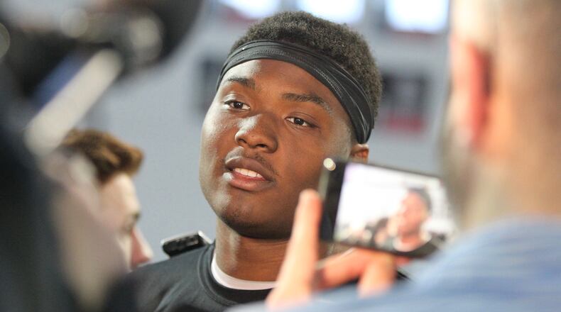Ohio State’s Dwayne Haskins talks to reporters on Thursday, March 22, 2018, at the Woody Hayes Athletic Center in Columbus. David Jablonski/Staff