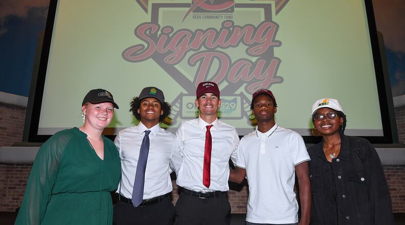 Alena Campbell, Joe Mendy, Cason Bennett, Dallas Arthur and Andralyn Brown pose for a photo at a Cincinnati Reds Youth Academy press conference on Monday, June 6, 2022, in Cincinnati. Photo by Emilee Chinn, Cincinnati Reds