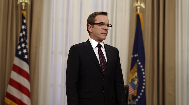 In this image released by ABC, Kiefer Sutherland portrays Tom Kirkman in a scene from “Designated Survivor.” (Ben Mark Holzberg/ABC via AP)