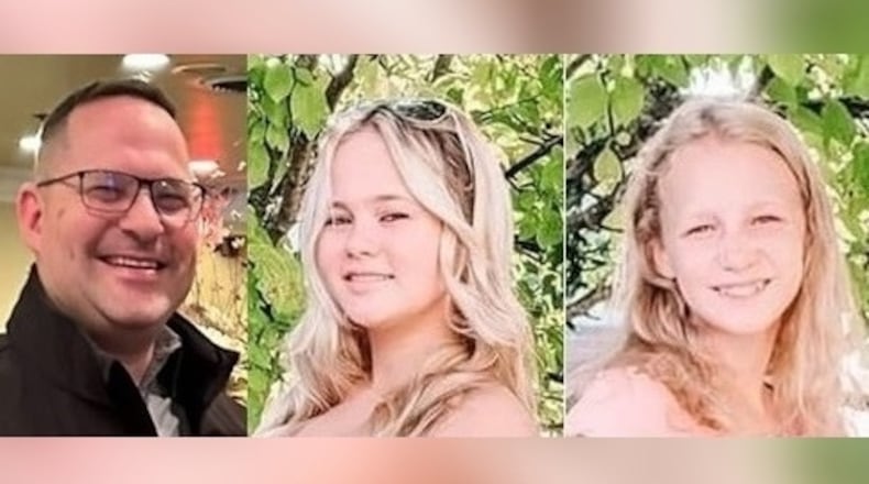 Nathan Johnson, 45, of Fairborn, left, and his two eldest daughters Savannah, 15, center, and Karaline, 13, were tragically killed June 29, 2023, in a crash on Interstate 70 in Guernsey County on the way to a national dance championship in Ocean City, Maryland.