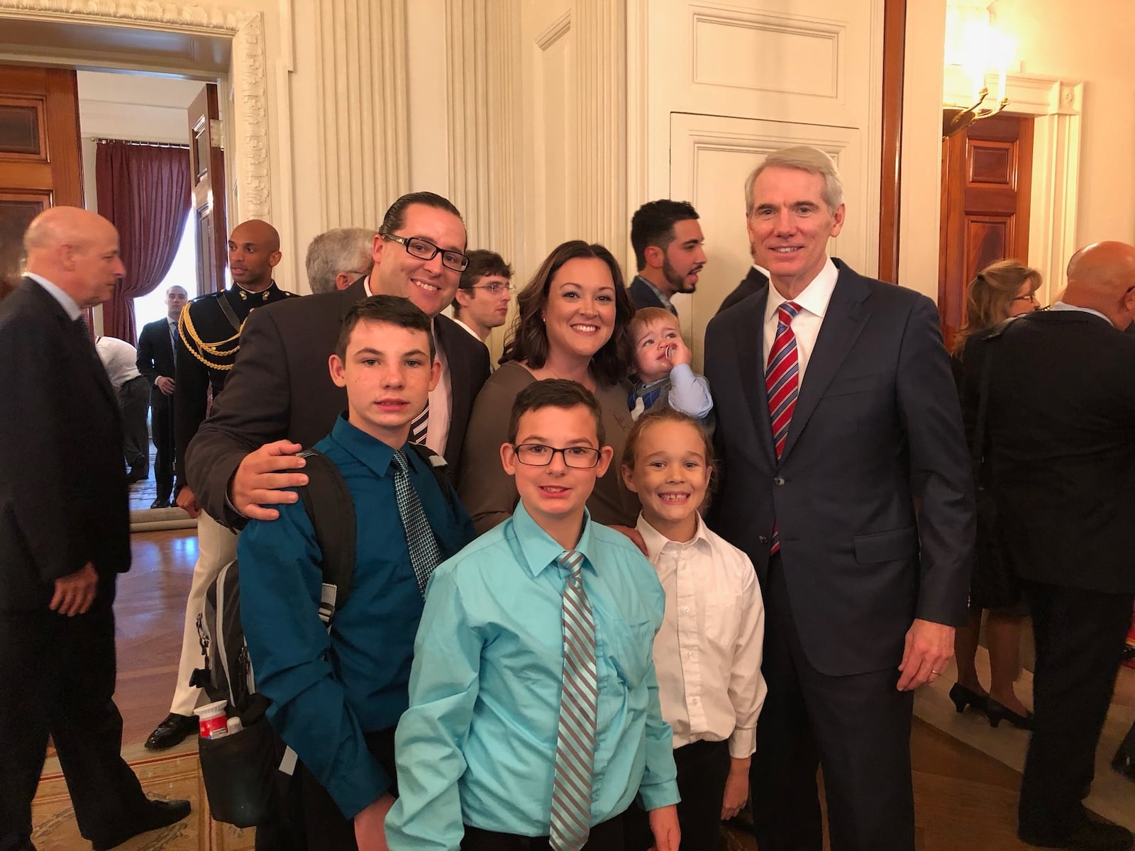 President Donald Trump recognized a Dayton family for their efforts in coping with the opioid crisis. Jesse and Cyndi Swafford are shown with their children and with U.S. Sen. Rob Portman. CONTRIBUTED