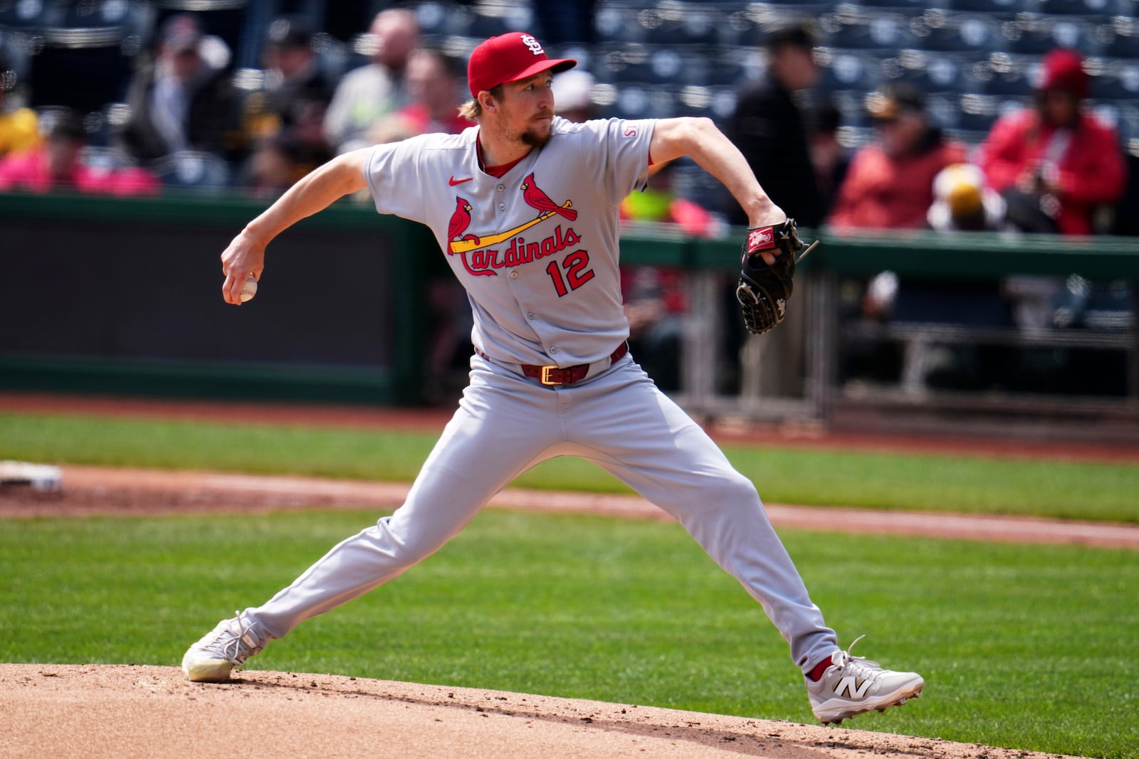 St. Louis Cardinals pitcher Erick Fedde delivers during the first inning of a baseball game against the Pittsburgh Pirates in Pittsburgh, Wednesday, April 9, 2025. (AP Photo/Gene J. Puskar)
