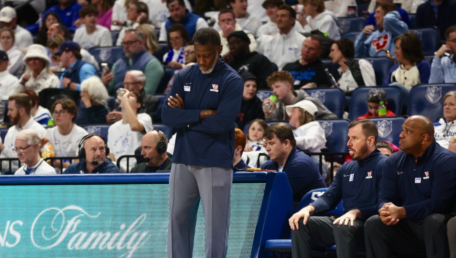 Dayton's Anthony Grant coaches during a game against Saint Louis on Friday, Jan. 30, 2026, at Chaifetz Arena in St. Louis, Mo. David Jablonski/Staff