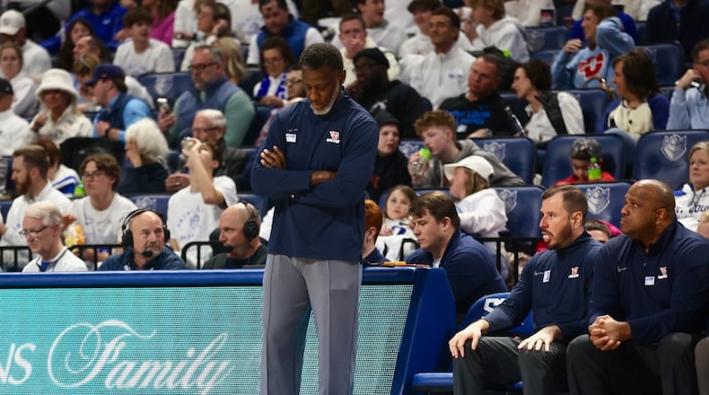 Dayton's Anthony Grant coaches during a game against Saint Louis on Friday, Jan. 30, 2026, at Chaifetz Arena in St. Louis, Mo. David Jablonski/Staff