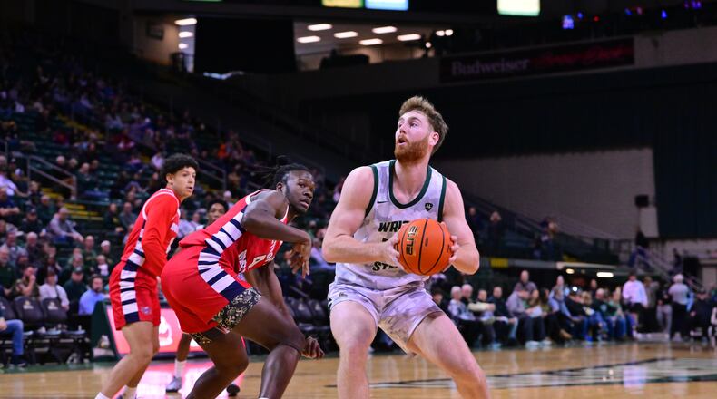 Wright State's Brandon Noel looks to score inside during a game vs. Detroit Mercy at the Nutter Center on Jan. 25, 2025. Joe Craven/Wright State Athletics