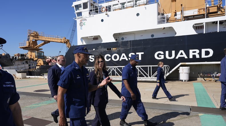 U.S. Homeland Security Secretary Kristi Noem participates in a tour at the U.S. Coast Guard Station Charleston, Friday, Nov. 7, 2025, in Charleston, S.C. (AP Photo/Alex Brandon, Pool)
