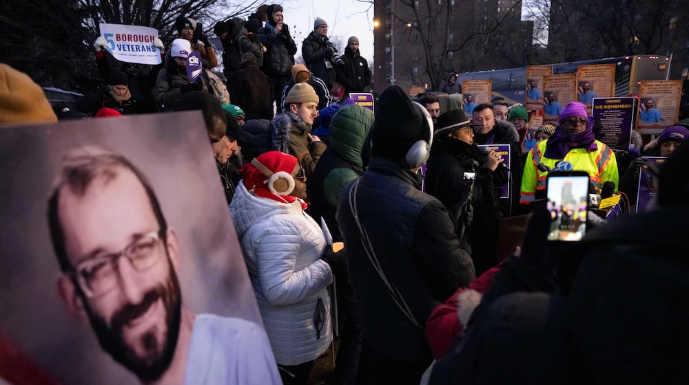 A photo of Alex Pretti is displayed during a vigil for Alex Pretti by nurses and their supporters outside VA NY Harbor Healthcare System, Thursday, Jan. 29, 2026, in New York. (AP Photo/Yuki Iwamura)