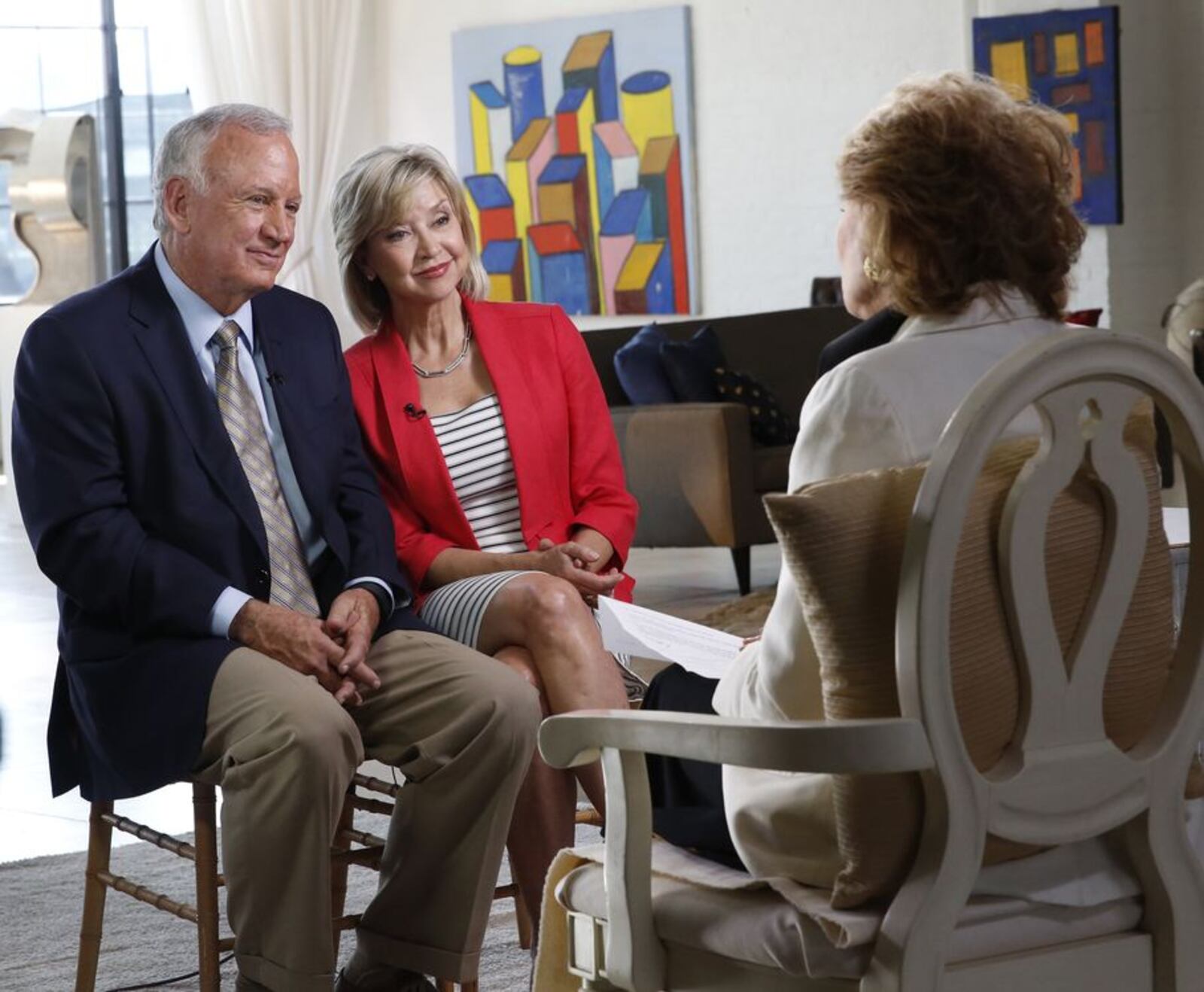 In this image released by ABC, John and Jan Ramsey are interviewed by Barbara Walters for her "American Scandal" series for Discovery. Walters is revisiting some of her biggest news stories for "American Scandals," a new 9-episode series that premieres on Investigation Discovery on Monday at 10 p.m. EST. (Heidi Gutman/ABC via AP)