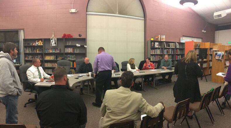 Members of the public and leaders of Greenon Local Schools attended a meeting about the district’s plan to construct one new building to house all the students in Greenon, pending voter approval. PARKER PERRY/STAFF