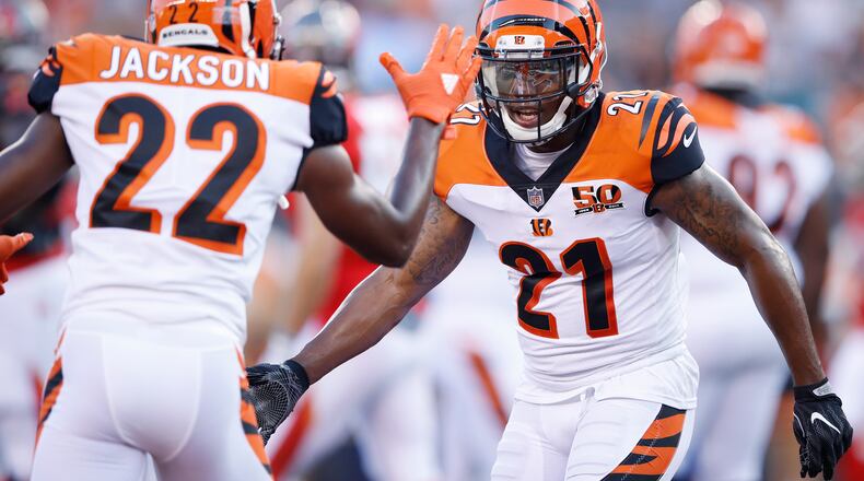 CINCINNATI, OH - AUGUST 11: Darqueze Dennard #21 and William Jackson III #22 of the Cincinnati Bengals celebrate in the first quarter of a preseason game against the Tampa Bay Buccaneers at Paul Brown Stadium on August 11, 2017 in Cincinnati, Ohio. (Photo by Joe Robbins/Getty Images)