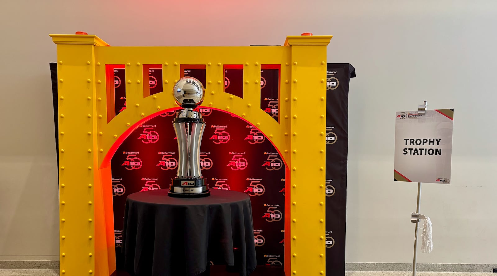 The Atlantic 10 Conference tournament championship trophy is pictured on Thursday, March 12, 2026, at PPG Paints Arena in Pittsburgh. David Jablonski/Staff