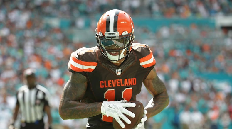 Cleveland Browns wide receiver Terrelle Pryor (11) runs for a touchdown during the second half of an NFL football game against the Miami Dolphins, Sunday, Sept. 25, 2016, in Miami Gardens, Fla. (AP Photo/Lynne Sladky)