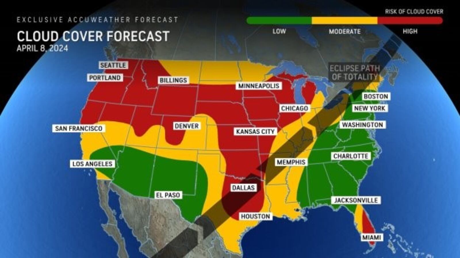 Storms and cloud coverage are possible from Texas to Ohio on the day of the solar eclipse on April 8, 2024.

Photo Credit: AccuWeather