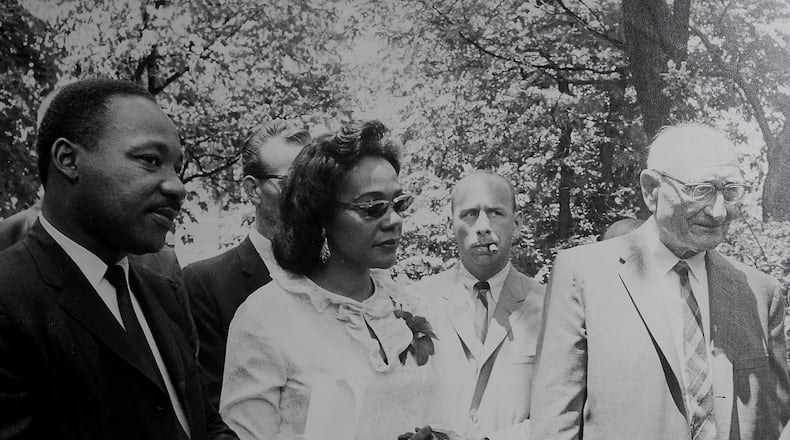 Coretta Scott King, pictured at Antioch College in Yellow Springs, with her husband Martin Luther King Jr. News-Sun file photo by Howard O. Weber