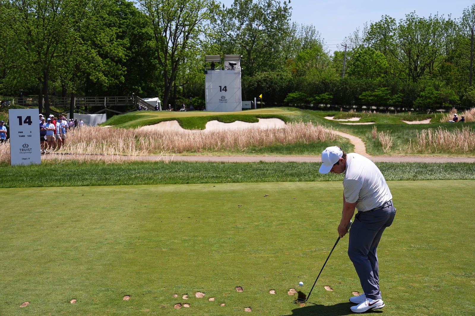 Robert MacIntyre, of Scotland, hits on the 14th hole during the final round of the Truist Championship golf tournament at the Philadelphia Cricket Club, Sunday, May 11, 2025, in Flourtown. (AP Photo/Matt Rourke)