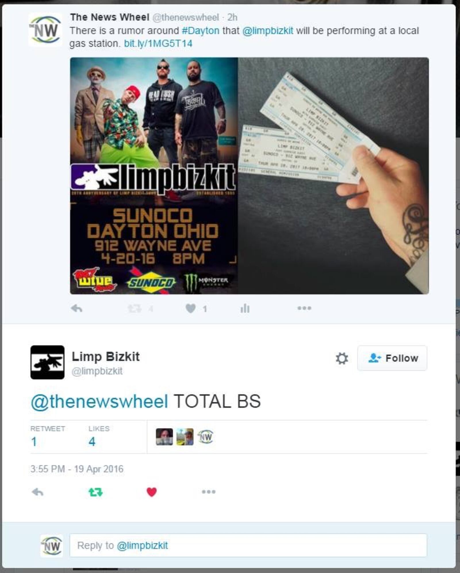Dayton police, Limp Bizkit tweet statements about Limp Bizkit at Sunoco. (Screen grab courtesy of The News Wheel)