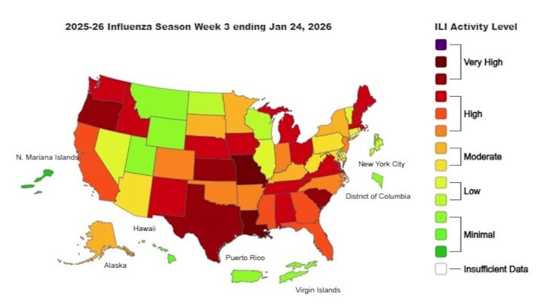 This is the weekly Outpatient Respiratory Illness Activity map from the CDC, for the week ending Jan 24, 2026.