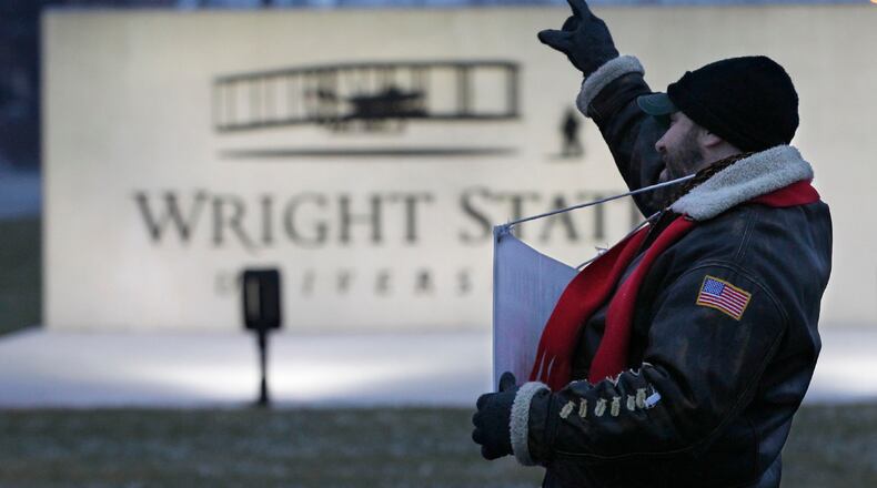 David Castellano, production manager and associate professor of Theater Design and Technology, during a faculty strike against Wright State University in January 2019. With the global pandemic, university administrators have taken a pay cut and a workforce reduction is possible. FILE