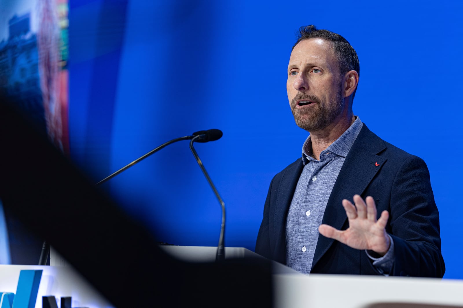Jeffrey Housenbold, CEO and president of MrBeast, speaks during a Nasdaq closing bell ceremony Wednesday, July 23, 2025, in New York's Times Square. (AP Photo/Stefan Jeremiah)