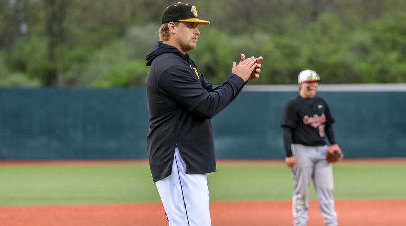 Shawnee High School baseball coach Mark Armstrong cheers for his team during their 10-0 victory over Triad on April 20 at Wright State University’s Nischwitz Stadium. CONTRIBUTED PHOTO BY MICHAEL COOPER