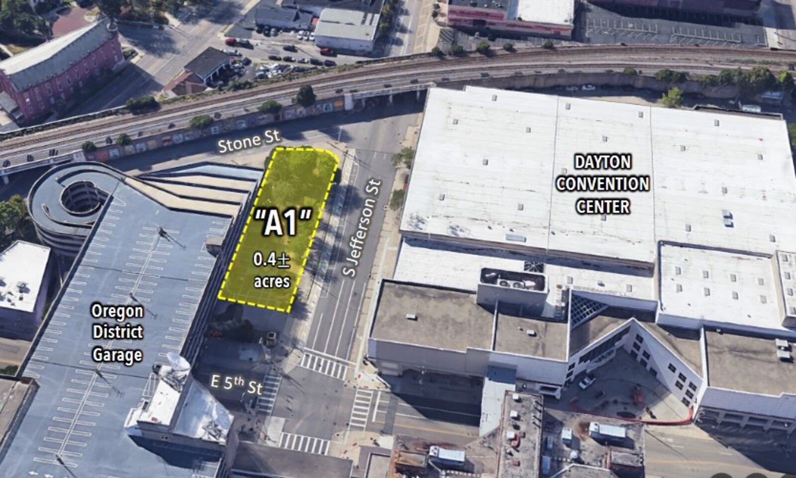 A map showing a proposed location for a new hotel in downtown Dayton. The vacant property is on South Jefferson Street, south of East Fifth Street, across the street from the Dayton Convention Center. CONTRIBUTED