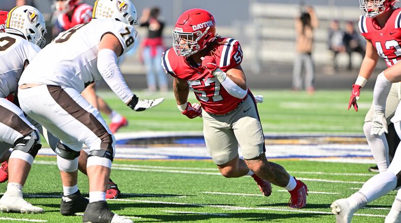 Dayton Flyers defensive end Jerell Lewis (No. 57) in action during a victory over Valparaiso last season. (Photo by Erik Schelkun/Elsestar Images)