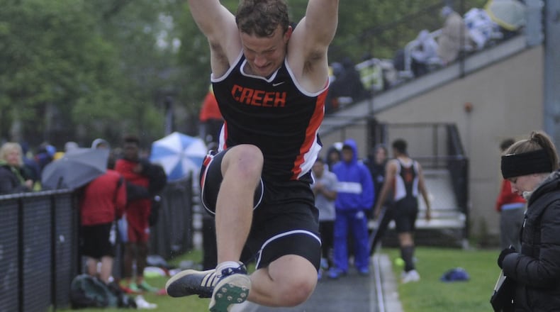 Beavercreek senior Matt Riekens won the long jump (19-5.25) during the Firebird Track & Field Invitational at Fairmont on Friday, May 5, 2017. MARC PENDLETON / STAFF