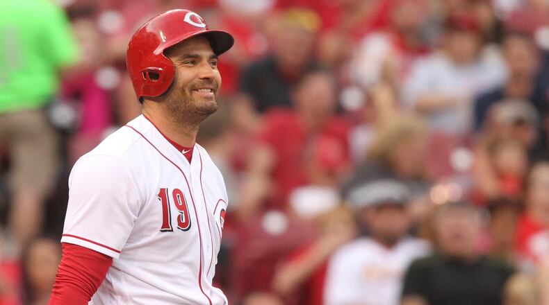 The Reds’ Joey Votto smiles after striking out against the Cardinals on Monday, June 5, 2017, at Great American Ball Park in Cincinnati. David Jablonski/Staff
