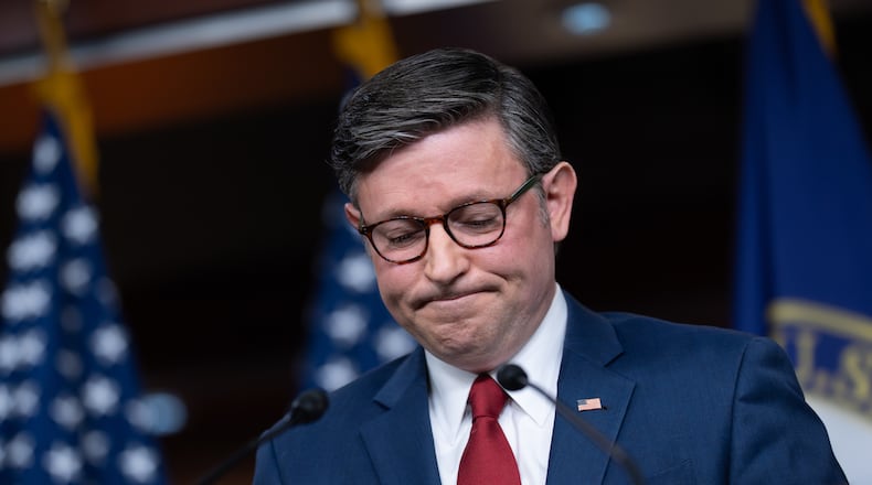 Speaker of the House Mike Johnson, R-La., makes a statement to reporters without taking questions following a vote in the Senate to move forward with a stopgap funding bill to reopen the government through Jan. 30, at the Capitol in Washington, Monday, Nov. 10, 2025. (AP Photo/J. Scott Applewhite)