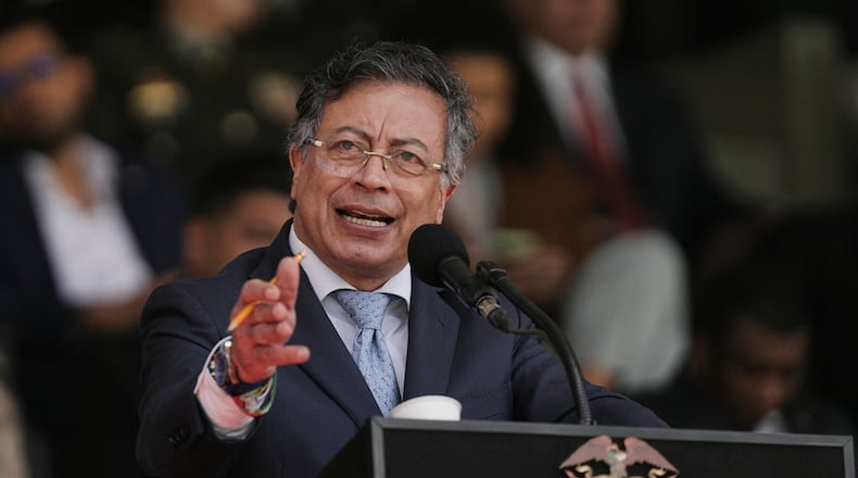 Colombian President Gustavo Petro speaks during the swearing-in ceremony of Gen. William Rincon as the new national police director in Bogota, Colombia, Friday, Oct. 24, 2025. (AP Photo/Ivan Valencia)