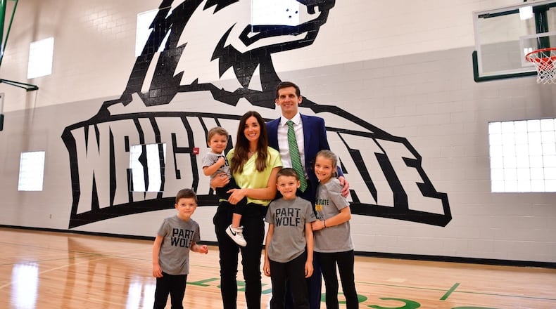 CLINT 9 –Clint Sargent with his family when he was announced as Wright State’s new head coach last Friday: (left to right) Jordy, Landry, Jill, CJ, Clint, and Gracie. CONTRIBUTED