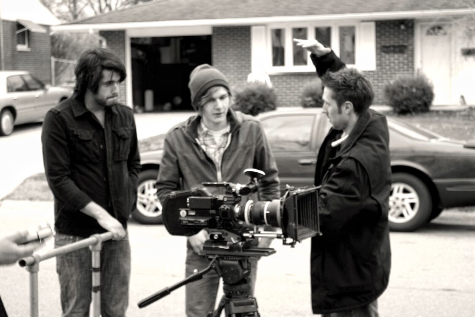 Hague (Center) with Jimi Fisco and Clifton Radford in 2011 planning out a dolly shot in Dayton - the location for their first film.