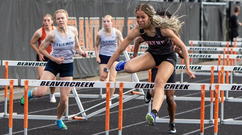 Wayne's Ric'Keya White wins the 100-meter hurdles in a meet-record 14.28 seconds at the GWOC meet earlier this season. She also set a meet record in winning the 300 hurdles. Jeff Gilbert/CONTRIBUTED