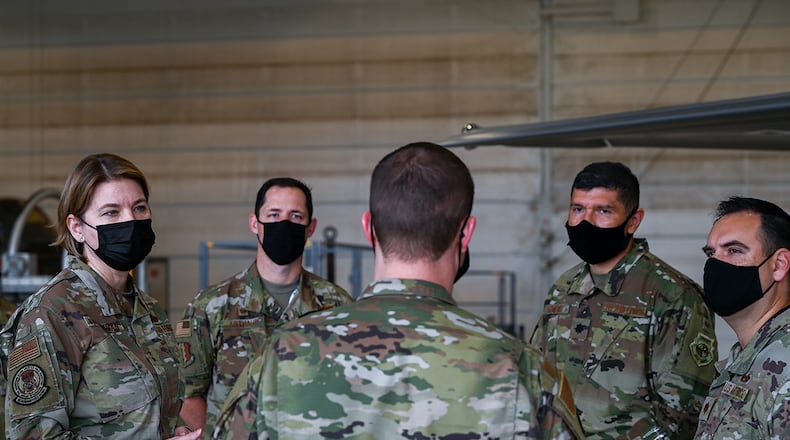 Maj. Gen. C. McCauley von Hoffman, director of Logistics, Civil Engineering, Force Protection and Nuclear Integration at Headquarters Air Force Materiel Command, speaks with maintenance leadership during a visit to Eglin Air Force Base, Florida. Hoffman's impact reaches from Air Force policy and Space Force infrastructure to life cycles of weapons systems and beyond. U.S. AIR FORCE PHOTO/AIRMAN 1ST CLASS COLLEEN COULTHARD