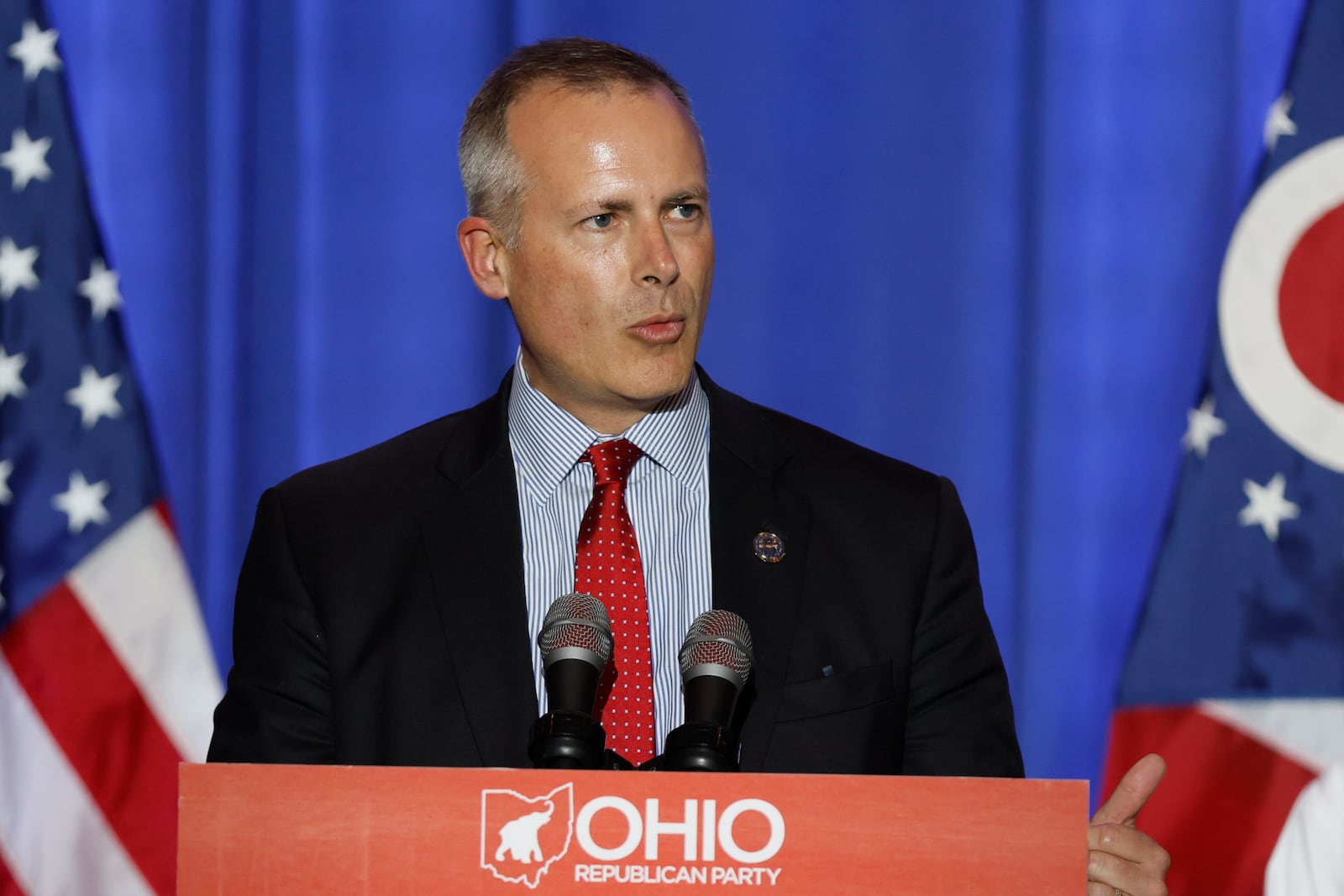 FILE - Republican Ohio treasurer Robert Sprague speaks during an election night watch party Tuesday, Nov. 8, 2022, in Columbus, Ohio. (AP Photo/Jay LaPrete)