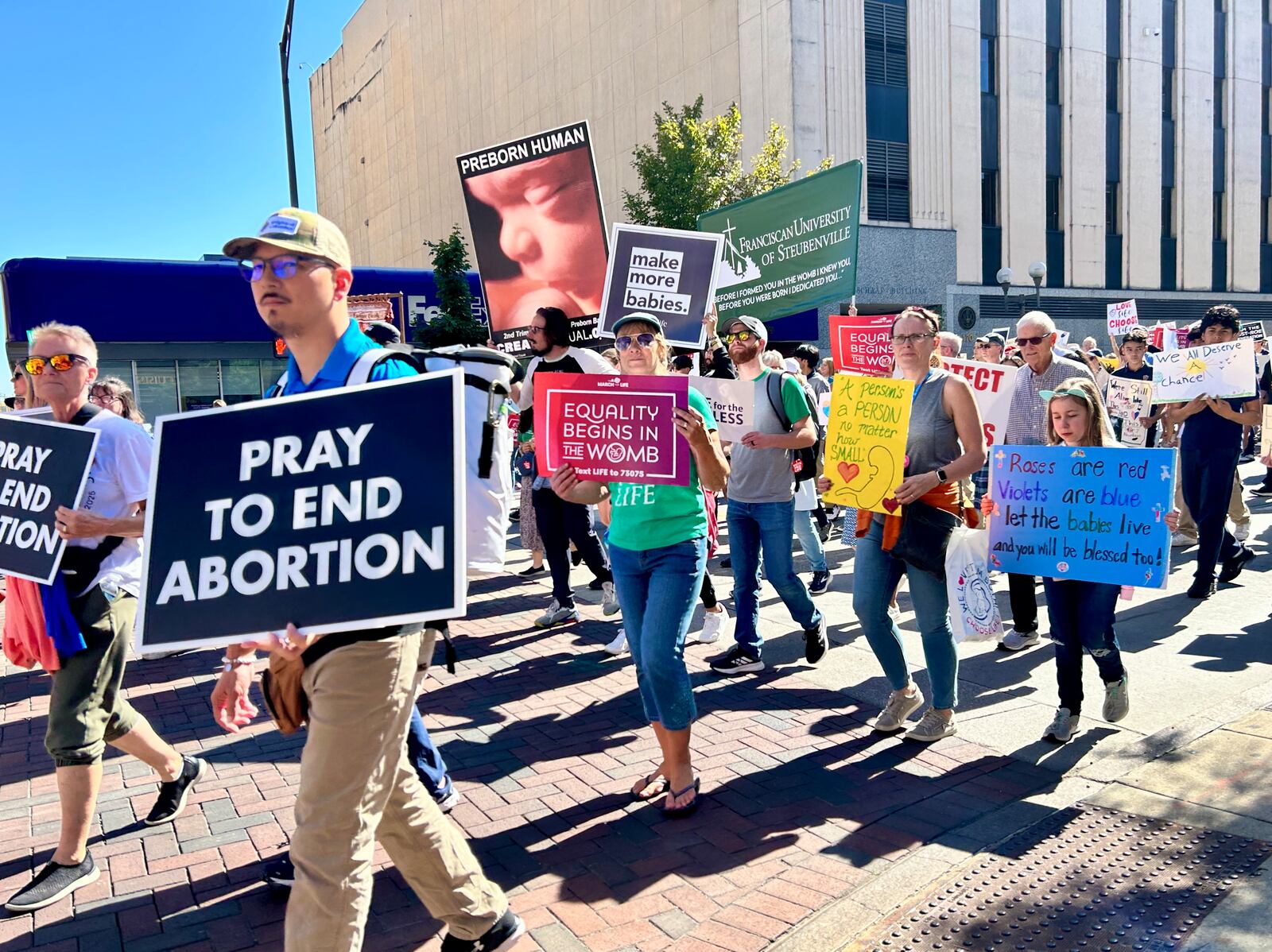 Anti-abortion advocates head south on High Street in Columbus during the 2024 Ohio March for Life. Oct. 4, 2024.
