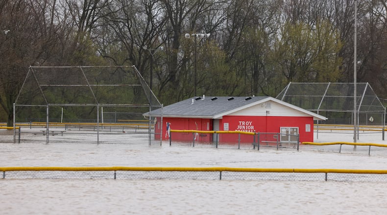 Baseball fields used by Troy Junior Baseball and Troy Christian High School near North County Road 25A and the Great Miami River are underwater. BRYANT BILLING/STAFF