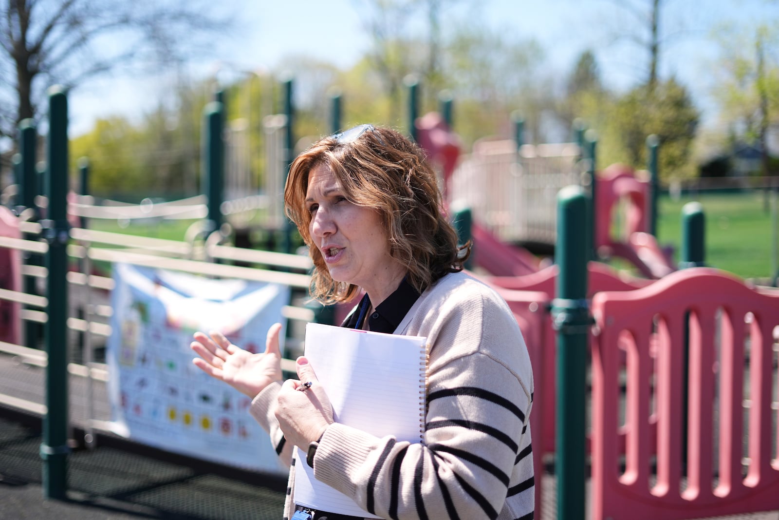 Michele McCloskey, Executive Director and Principal, speaks during an interview at Archbishop Damiano School in Westville, N.J., Wednesday, April 9, 2025. (AP Photo/Matt Rourke)
