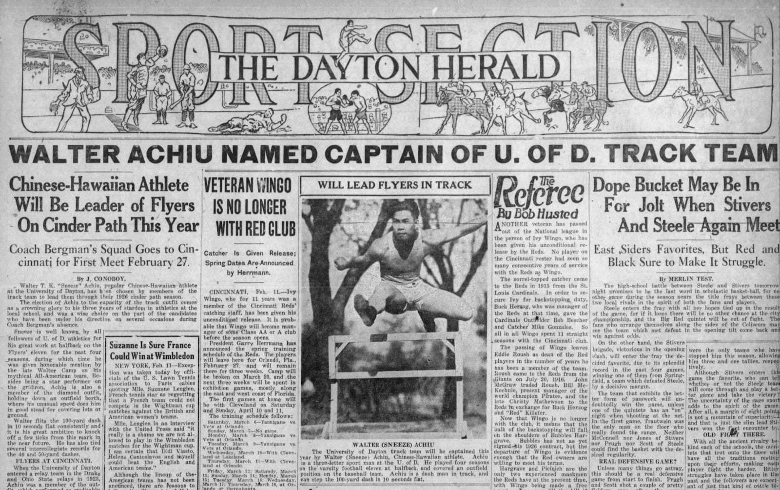 The February 11, 1926 edition of the Dayton Evening Herald bannered Sneeze Achiu’s selection as the team captain of the UD track team. CONTRIBUTED PHOTO