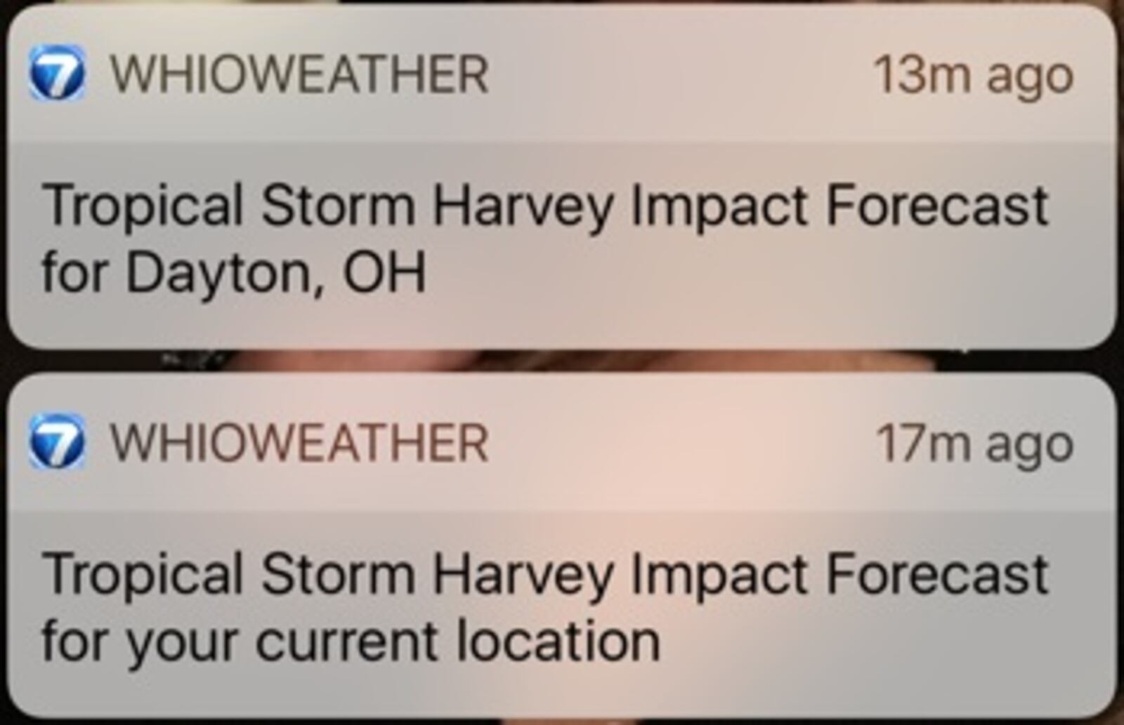 Push notification received by WHIO Weather App users regarding the impact forecast of Tropical Storm Harvey as it moves into our area this weekend.