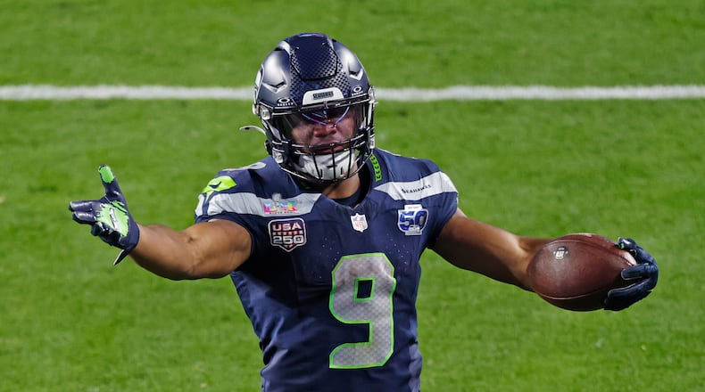 Seattle Seahawks running back Kenneth Walker III (9) in the fourth quarter against the New England Patriots during Super Bowl LX at Levi's Stadium, in Santa Clara, Calif., Sunday, Feb. 8, 2026. (Santiago Mejia/San Francisco Chronicle via AP)