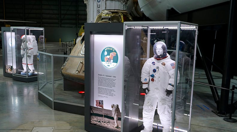 Model A7L Space Suit reproduction on display in the Space Gallery at the National Museum of the U.S. Air Force. U.S. AIR FORCE PHOTO/KEN LAROCK