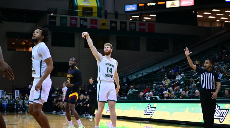 Wright State's Brandon Noel follows through on a 3-point attempt during last week's game vs. Central State at the Nutter Center. Joe Craven/Wright State Athletics