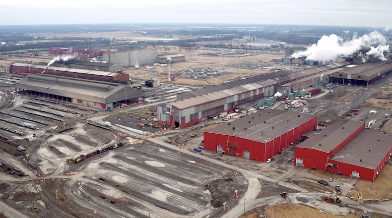 Aerial view of the AK Steel Middletown Works. The big steel producer covers more than 2,700 acres in the city to operate coke ovens, a blast furnace, hot strip mill and more than a dozen other steel production related processes. TY GREENLEES / STAFF