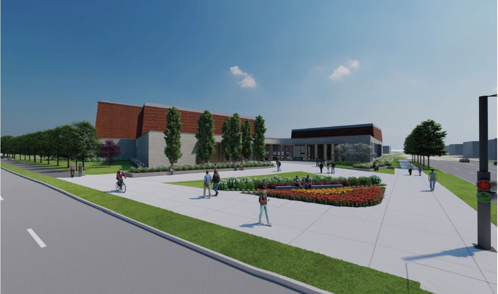 A rendering of the University of Dayton's proposed center for the arts at East Stewart and South Main streets. CONTRIBUTED