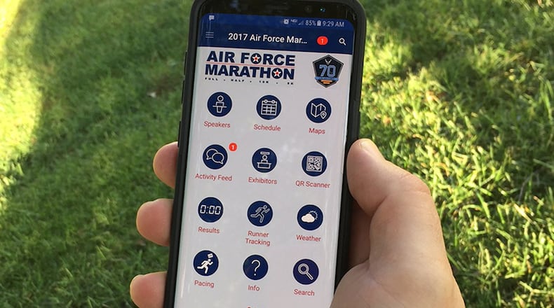 The Air Force Marathon mobile app provides the latest information on guest speakers, event schedules, maps and alerts regarding race status. (Skywrighter photo/Amy Rollins)