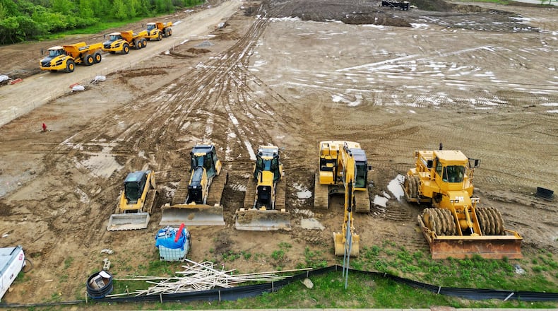 Infrastructure work is near completion for a proposed 160,000-square-foot multipurpose event center along Interstate 75 on the east side of Middletown at Ohio 122 and Union Road, shown by aerial view Friday, May 2, 2025. NICK GRAHAM/STAFF
