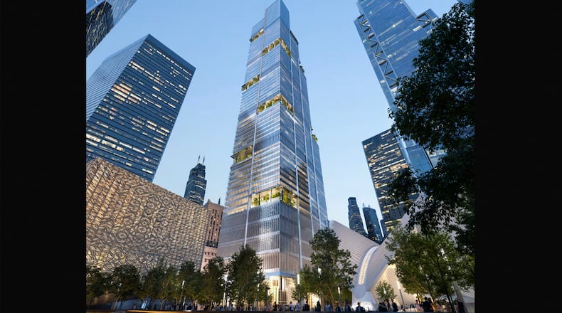 This rendering provided by Foster+Partners shows an office tower planned for 2 World Trade Center as the new headquarters for American Express in New York. (Foster+Partners via AP)